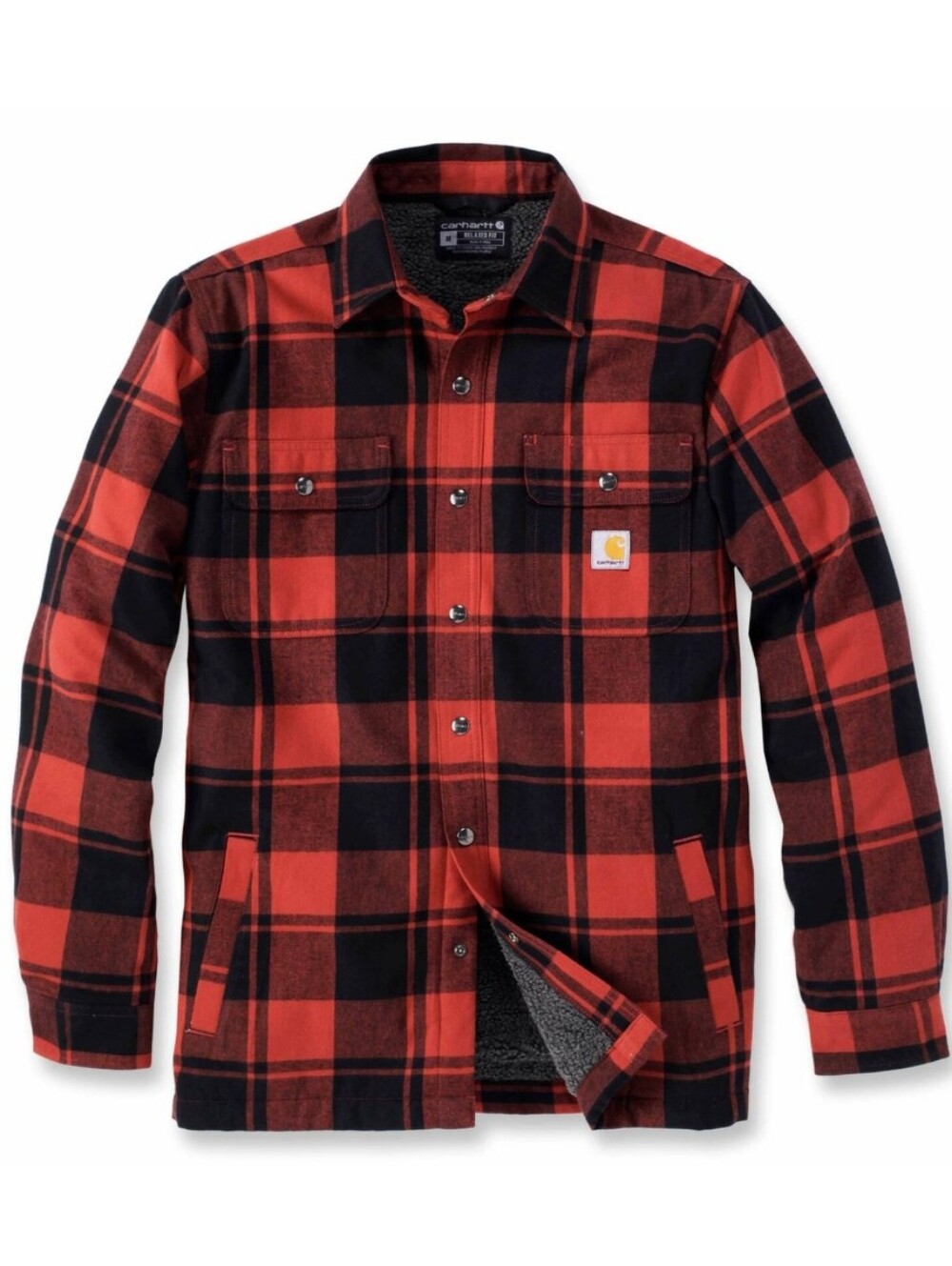 EUC Customized Carhartt Red & Black Plaid Sherpa-Lined Shirt Jacket - Large